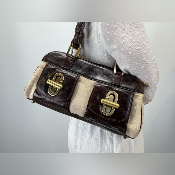 TRINA TURK Brown leather and canvas braided handle satchel bag - Picture 1 of 11